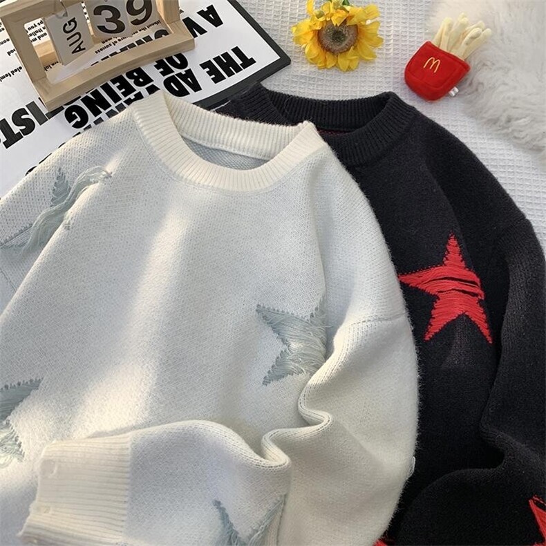 M505-特P55美式复古宽松潮牌圆领星星针织衫毛衣秋冬男女外套图片