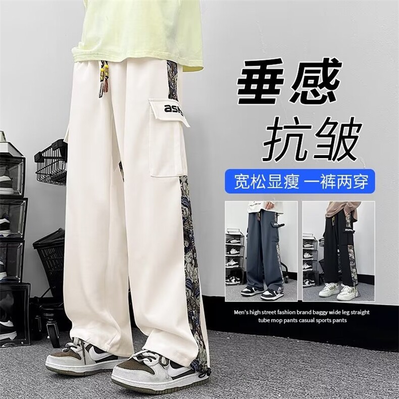 港风春款男工装裤大口袋小熊字母印花抽绳束脚长裤M-5XLH865P65,男装休闲裤,星座1013-1