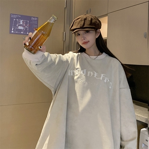 EQ180 重工刺绣360克麂皮绒圆领字母卫衣女情侣装春季外套P58图片