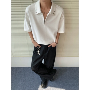 特批P25无差价华夫格金属扣百搭polo衫半拉链男宽松短袖T恤T5077图片
