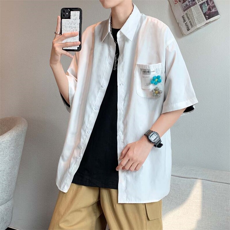 设计感新款衬衫男短袖ins带配饰衬衫2021宽松休闲外套W887-P28,男装衬衫,星座512-2