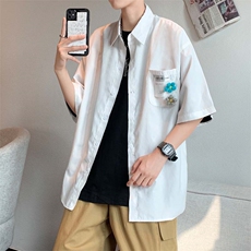 设计感新款衬衫男短袖ins带配饰衬衫2021宽松休闲外套W887-P28，男装衬衫，星座512-2