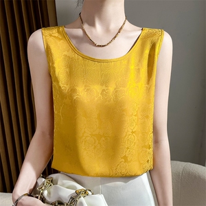 真丝吊带背心女西装内搭夏季桑蚕丝印花圆领缎面无袖外穿大码上衣图片