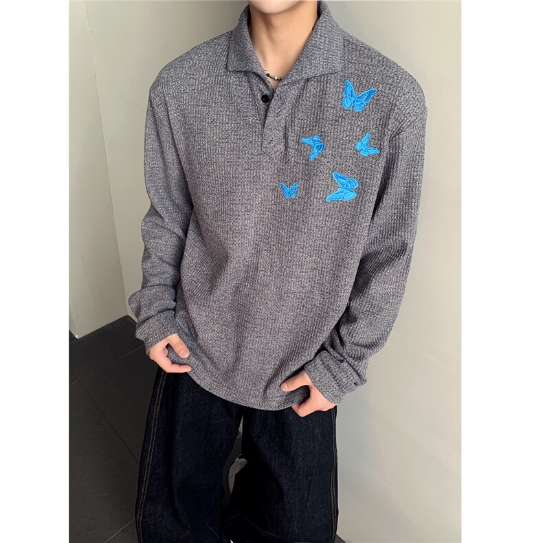 蝴蝶印花圆领卫衣设计宽松重磅翻领打底衫早秋上衣W502-P38,男装针织衫/毛衣,电商C307