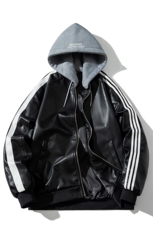 现货三条杠袖子PU皮棒球服外套秋冬棉服，男装棉衣，电商A105