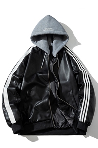 现货 三条杠袖子PU皮棒球服外套秋冬棉服图片