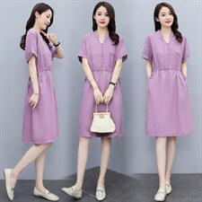 2021夏装新款简约时尚优雅休闲舒适纯色显瘦亚麻连衣裙，女装连衣裙，铭街依杨