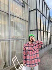 格子衬衫韩版休闲，女装衬衫，紫葡萄