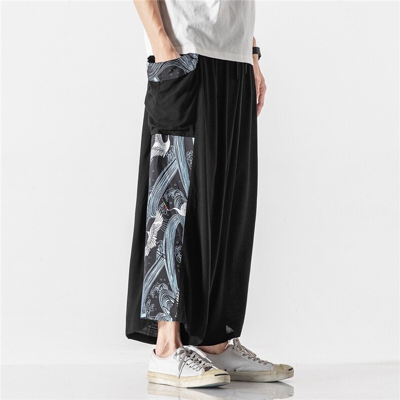 夏季大码风仙气汉服仙鹤古风坠感休闲宽松直筒宋裤K111/P70,男装民族服装,钱塘713