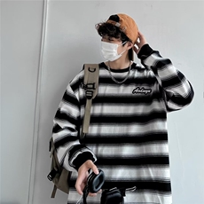 秋冬季日系长袖T恤慵懒风条纹撞色拼接圆领男卫衣Y01-P35，男装T恤，星座1109-3