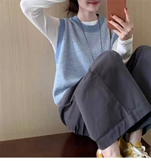 2025年秋季新款百搭女士撞色条纹马甲，女装针织衫/毛衣，嘉日羊绒