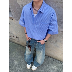 条纹短袖衬衫5X4002-TP3558夏季日系薄外套宽松休闲衬衣男，男装衬衫，电商A102