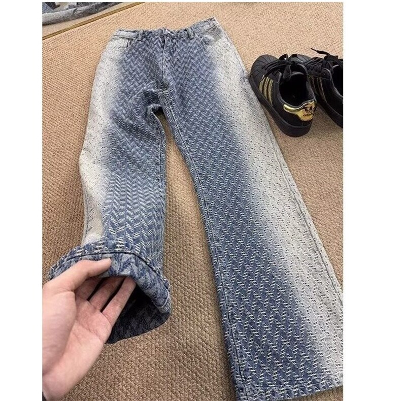 【有货】DA413-P50高质量渐变提花满印显瘦宽松百搭牛仔裤男女图片
