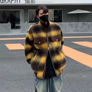 A991-P80 翻领宽松情侣小香风外套男款2024秋冬美式渐变格子夹克图片