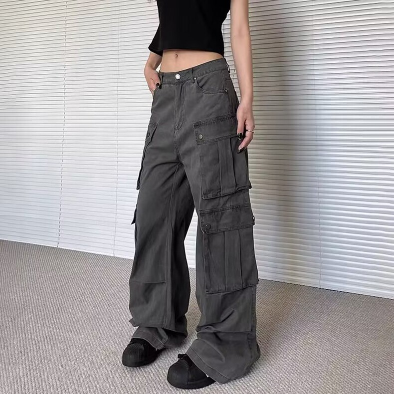 复古多口袋压褶工装裤男女水洗设计感直筒机能风阔腿休闲长裤显瘦,男装工装外套,星座218-8