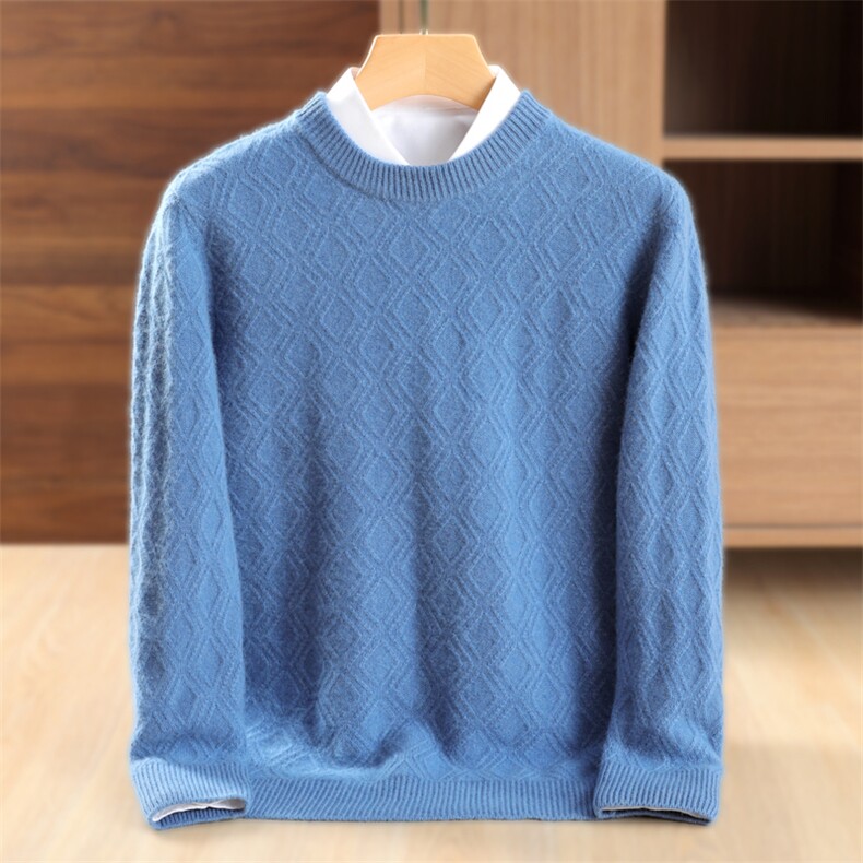 男士圆领羊毛衫男式纯色菱形提花宽松套头毛衣男潮流个性百搭，男装羊毛衫，鹿一羊绒
