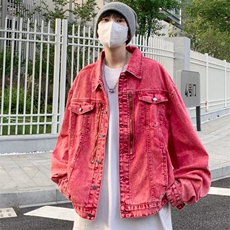 美式高街牛仔外套男韩版潮流拉链红色2025秋冬季ins夹克W5101-P73，男装工装外套，星座412
