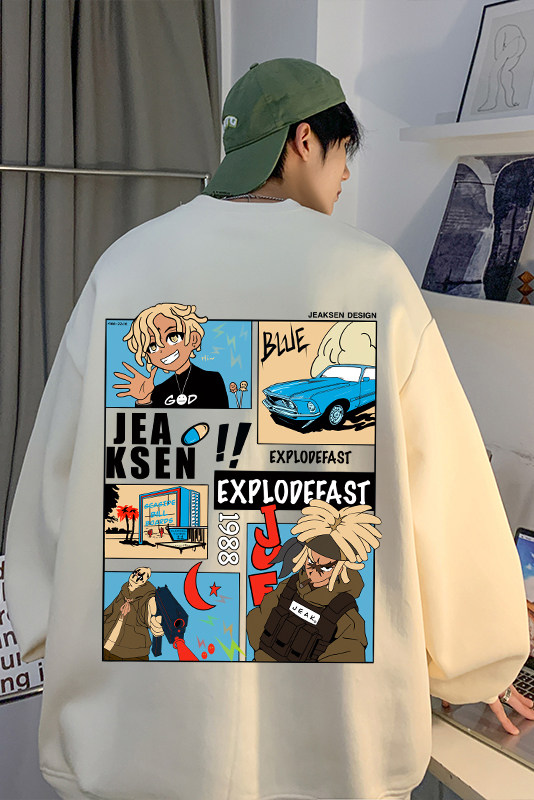 美式复古漫画印花潮流百搭宽松落肩袖圆领卫衣JK23369特批25-控48,男装卫衣,星座605(原A050)