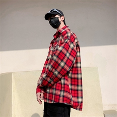 红色格子衬衫男女韩版潮流宽松字母刺绣2024秋ins外套CY967X-P34，男装衬衫，星座412-3