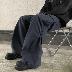 纯棉水洗休闲裤男春秋潮vibe设计感直筒裤复古小众黑色阔腿裤图片