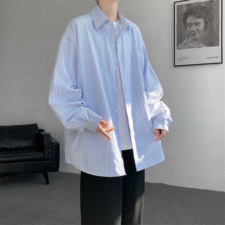 春夏条纹衬衫男长袖薄款痞帅高级感宽松慵懒风大码衬衣CS29003P45,男装衬衫,电商B312