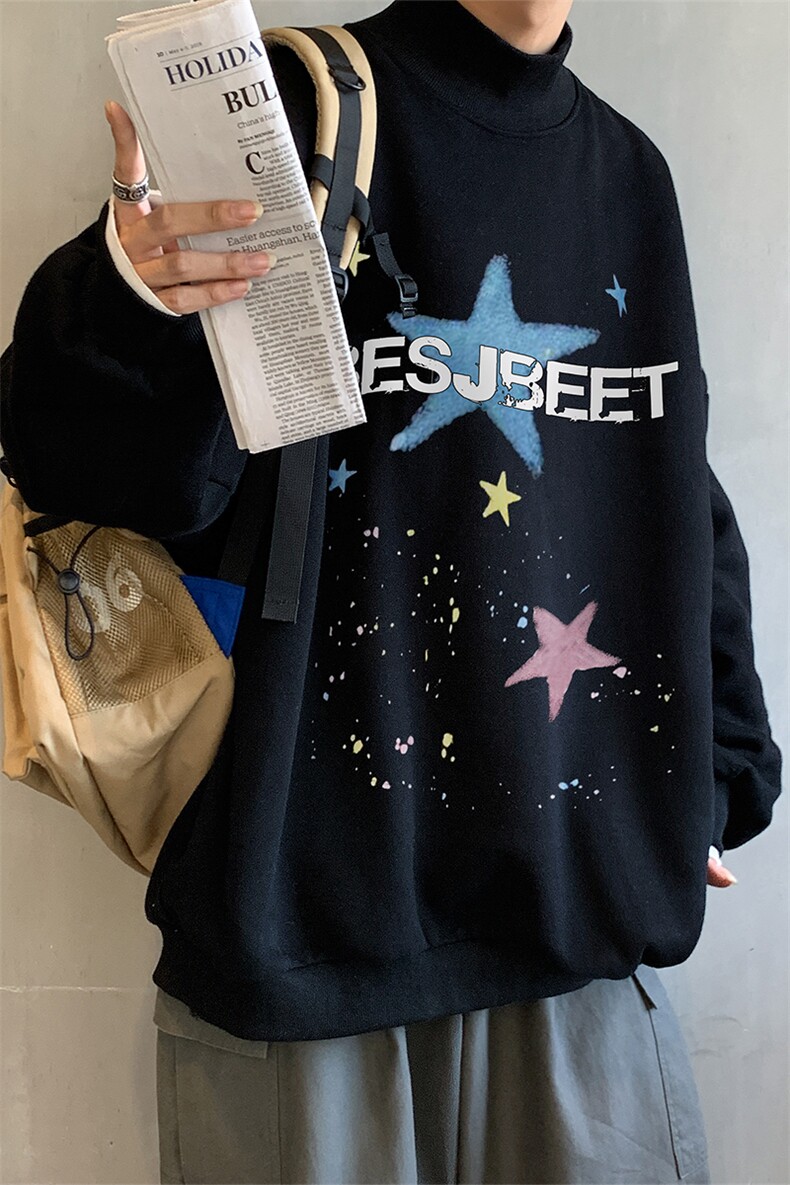 加绒加厚高领卫衣星星印花落肩袖情侣款打底衫男XZ514-2-G88-P48,男装T恤,星座514-2(原B239)