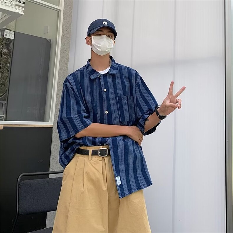 标准气质潮五分袖时尚简约青春流行新款条纹牛仔衬衫JQC03P60,男装衬衫,星座1116-2