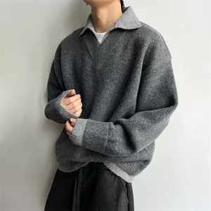 韩系复古加厚假两件polo领针织衫宽松保暖休闲毛衣513AMY2676P55,黄色复古a版半身长裙怎么搭配图片