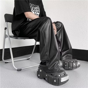 2023黑色裤子男秋季抽绳休闲直筒慵懒风日系裤松紧高腰阔腿裤图片
