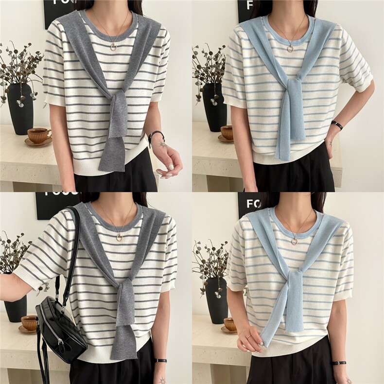 飘带条纹短袖女2025夏季新款T桖女，女装T恤，臻纶羊绒