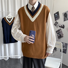 拼接毛衣马甲背心男日系学院风宽松潮流坎肩V领针织衫W1556-P32，男装背心/马甲，星座512-4