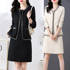 小香风套装连衣裙女2024冬装新款高端毛呢外套遮肚显瘦两件套裙子，女装套装/套裙，罗得堡