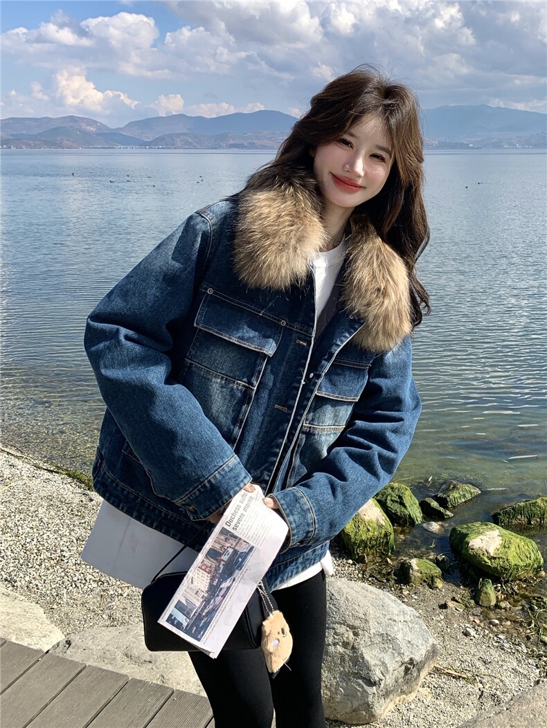 美式复古毛领羽绒内胆牛仔外套女中长小个子派克新款2025年冬季,女装羽绒服,艾米莉亚