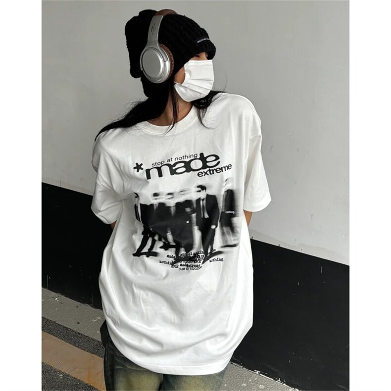 T0767-P25 2025春夏美式复古人影纯棉印花T 街头宽松男女同款短袖图片