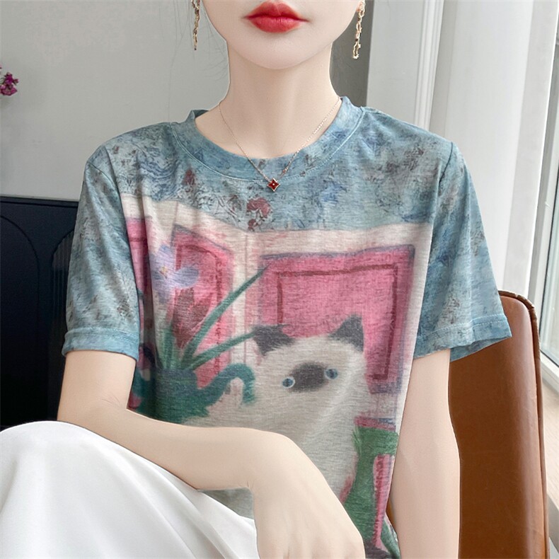 夏季天丝针织短袖T恤女圆领晕染猫咪印花上衣宽松显瘦半袖打底衫,女装T恤,羊特美羊绒