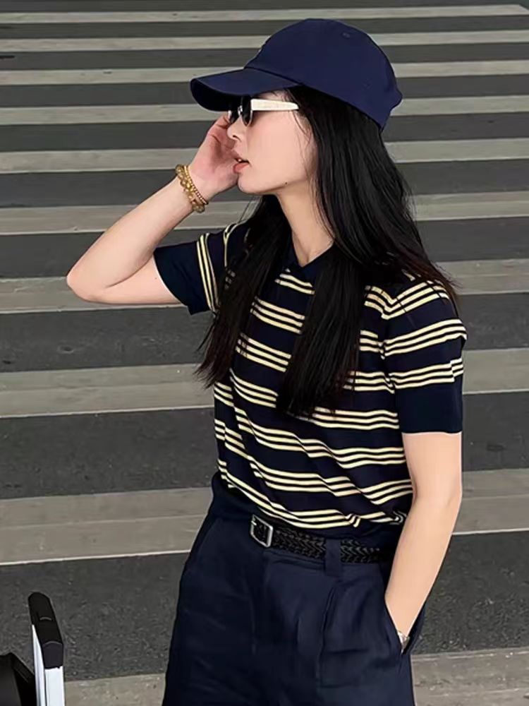 2025夏季翻领条纹圆领冰丝短袖,针织衫/毛衣,兰叶羊绒