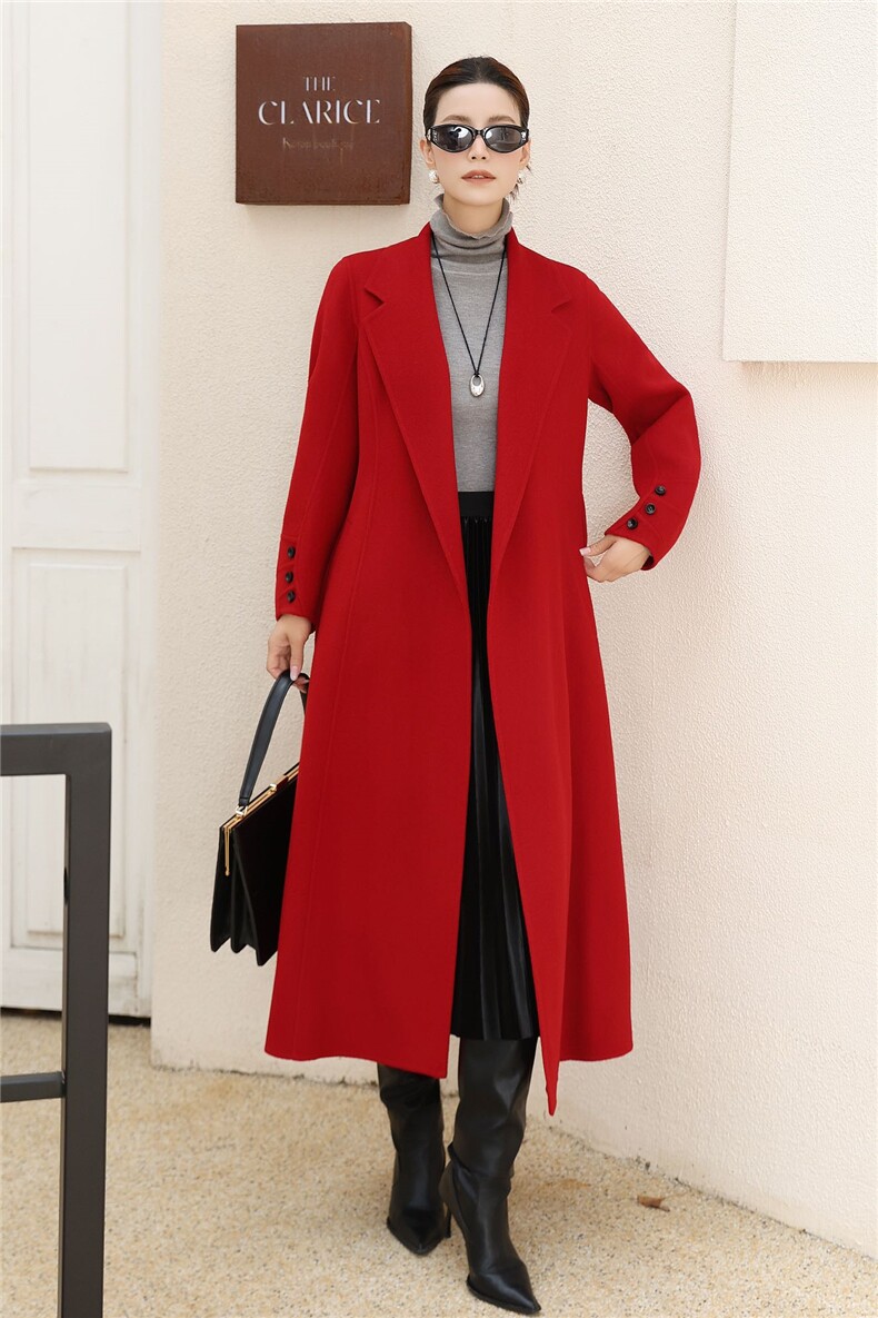 2025年秋季通勤长款长袖浴袍时尚百搭通勤大衣，女装双面呢大衣，亿美羊绒