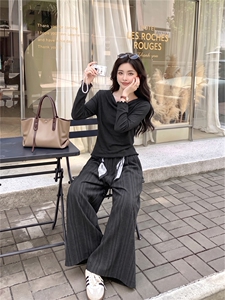 【大量现货】慵懒风收腰上衣条纹阔腿裤套装女松弛感深灰色两件套图片