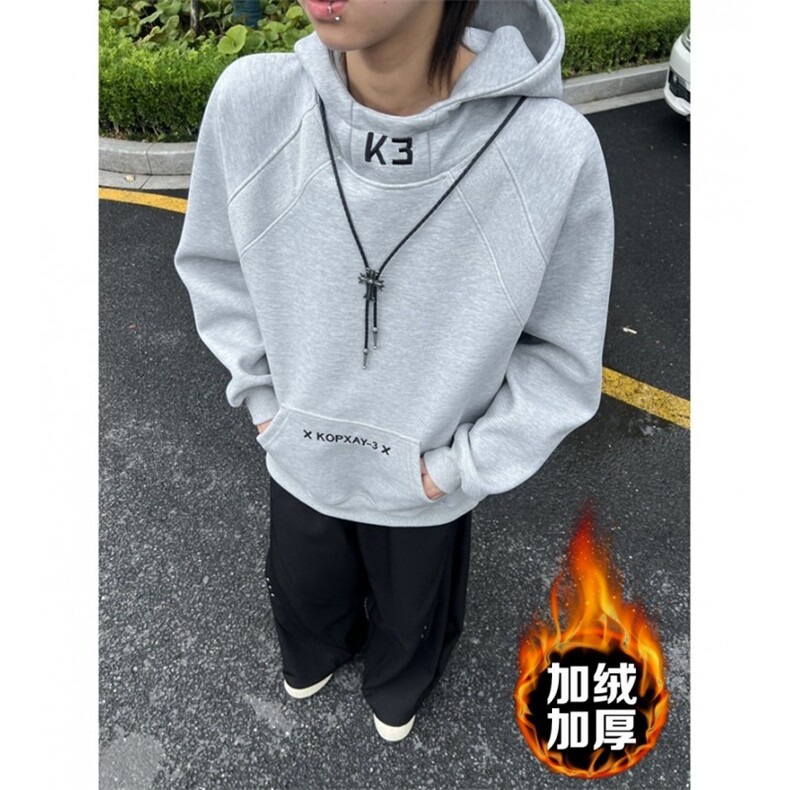 白花灰色高领连帽加绒卫衣男女秋冬美式拼接刺绣外套硬挺内搭套头,女装短外套,四季星座505