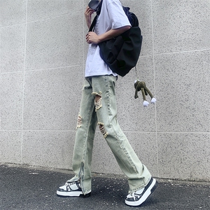 现货 夏季修身vibe美式高街破洞黄泥染拉链牛仔裤男K822-K823-P55图片