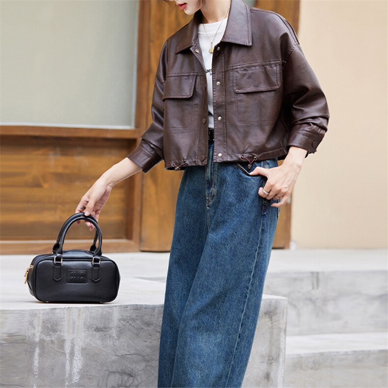 短款皮衣外套女2024秋季新款宽松休闲美式复古美拉德机车夹克上衣，女装皮衣，美拉德工厂直营店