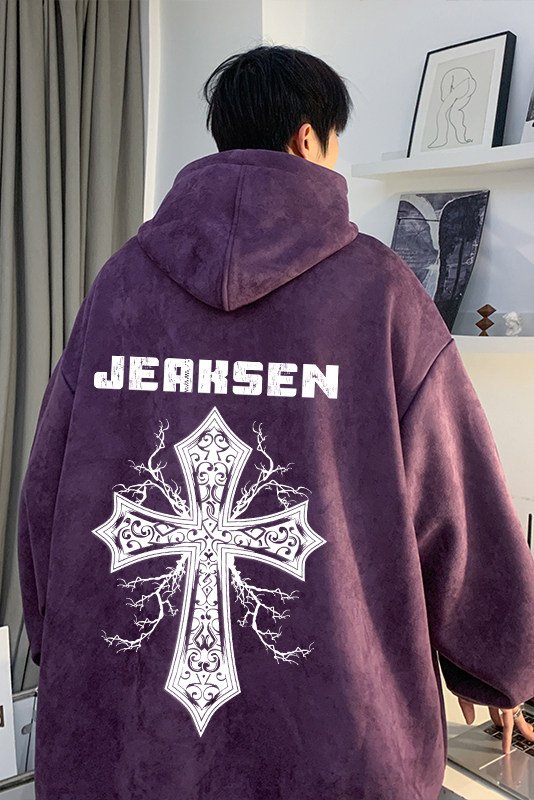 美式高街麂皮绒宽松落肩连帽卫衣十字架印花JK23382特批43-控69,男装卫衣,星座605(原A050)