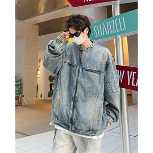 美式高街牛仔外套男春秋水洗做旧复古潮牌宽松拉链夹克痞帅机车服图片