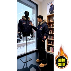 现货高品质美式高街重磅刺绣座山雕大毛毛领棉衣男女加厚棉服外套，男装棉衣，电商A486