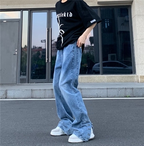 美式复古子母刺绣裤脚排扣牛仔裤男女vibe高街夏季直筒BK76-P68图片