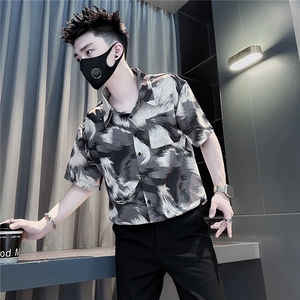 301C-CS17-P58控78夏季冰丝薄款短袖衬衫男痞帅潮社会小伙店主风图片