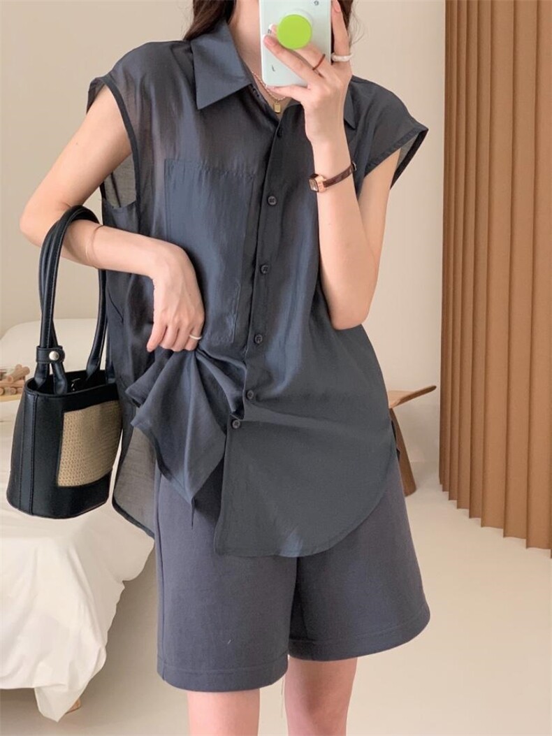 防晒套装女薄款欧洲站夏季2022新款欧货衬衫阔腿短裤两件，女装职业装，香丽迪1