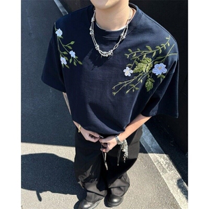 美式复古花卉刺绣短袖t恤男女夏季宽松重磅情侣半袖LT58033-p43图片
