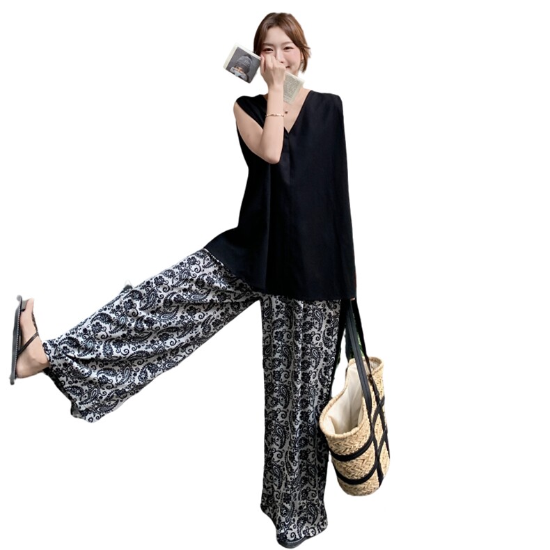 韩系搭配一整套女2025夏季新款时尚气质V领无袖上衣阔腿裤两件套,女装套装/套裙,2C262