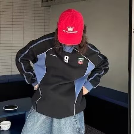 5367-P48美式潮牌复古帅气高街宽松撞色机车POLO领卫衣外套,女装卫衣/绒衫,星座617A-2